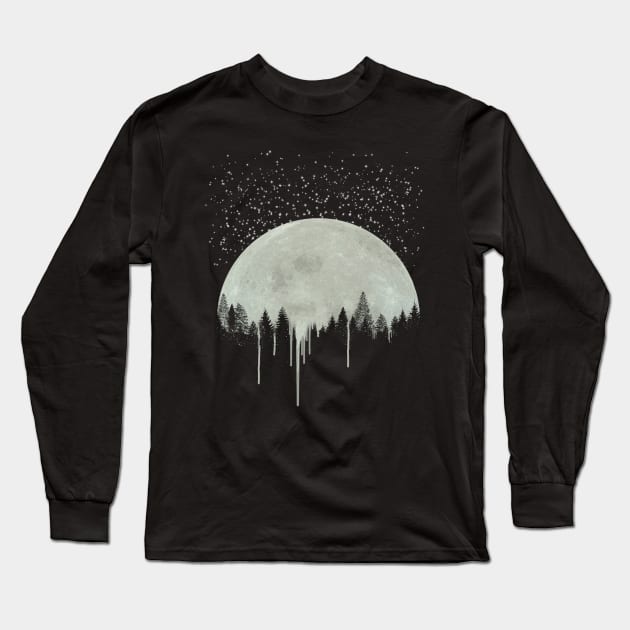 Full Moon Art, Forest Trees Silhouette, Dripping Paint, Gray, Gift Idea, For her, For Him, Moon Phases, Stary Night, Stars Long Sleeve T-Shirt by joannejgg